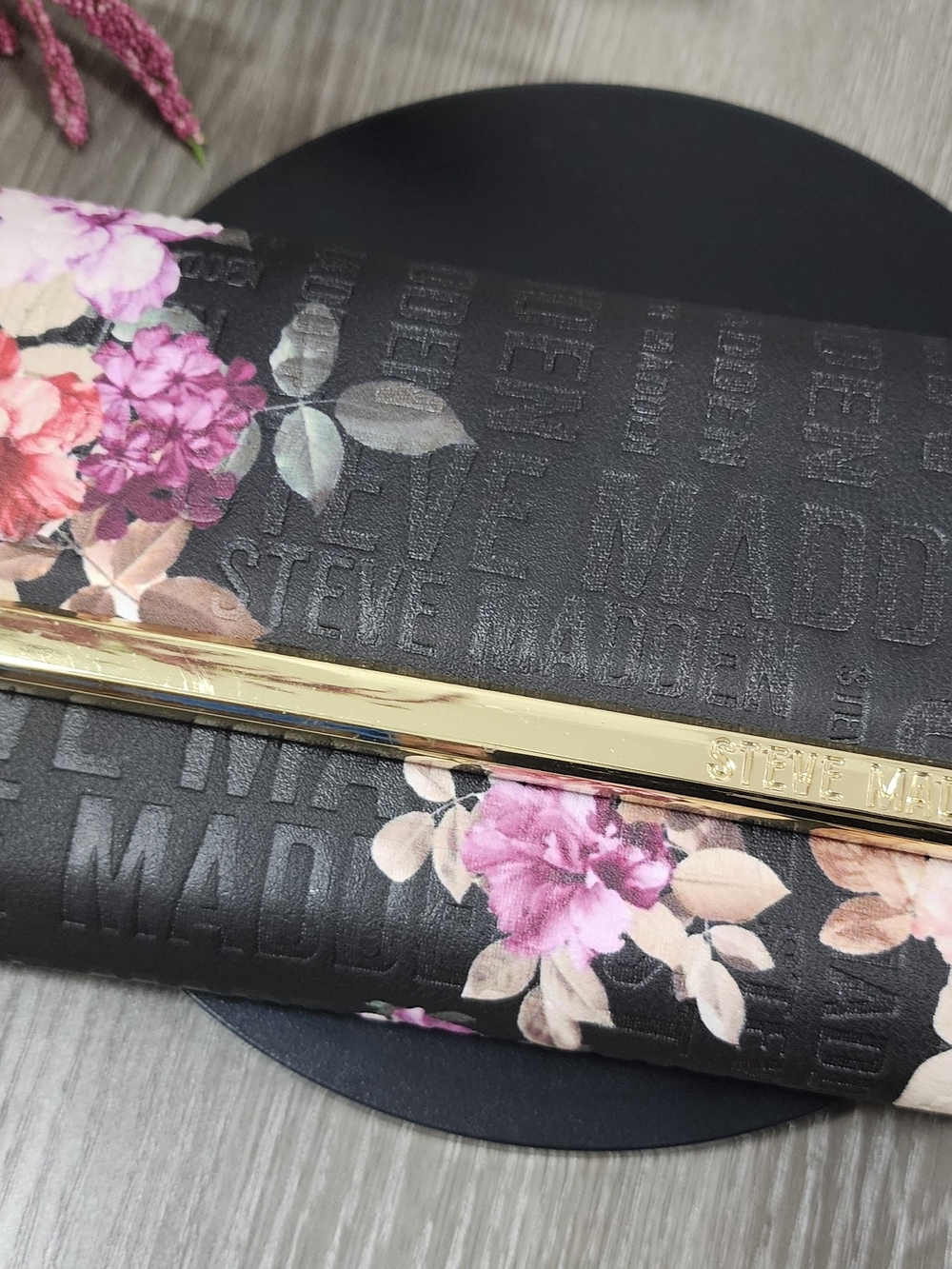 NWT Steve Madden Black Floral Clutch with Gold Accent